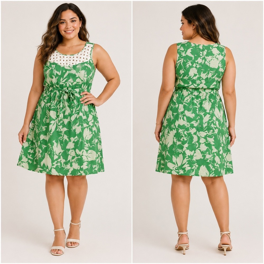Bethany Green White Floral Sleeveless Crochet Neck Tie Waist Dress Size 14